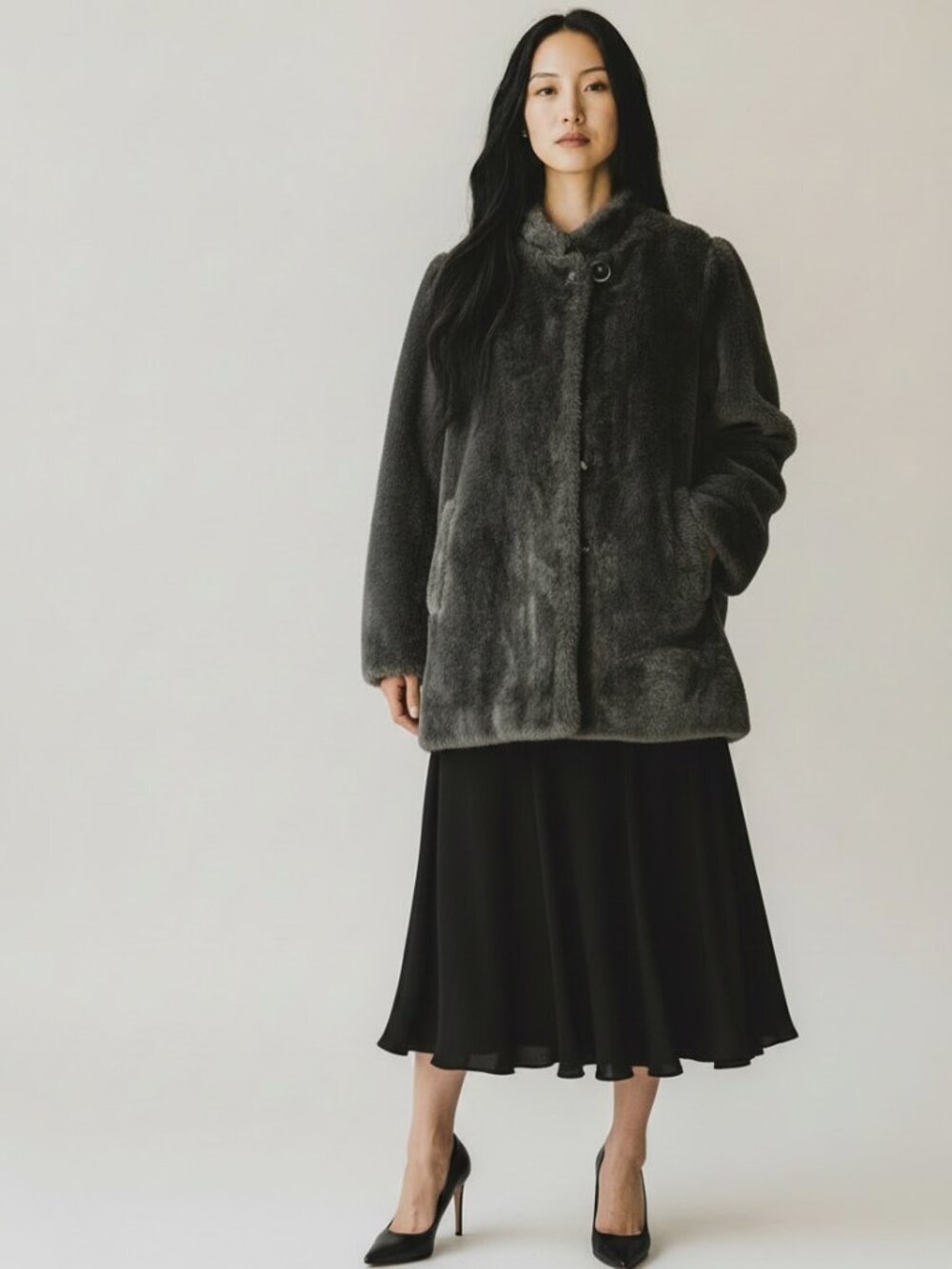 Vintage 70s Sears Sportswear Gray Faux Fur Mock Neck Coat Jacket XL L